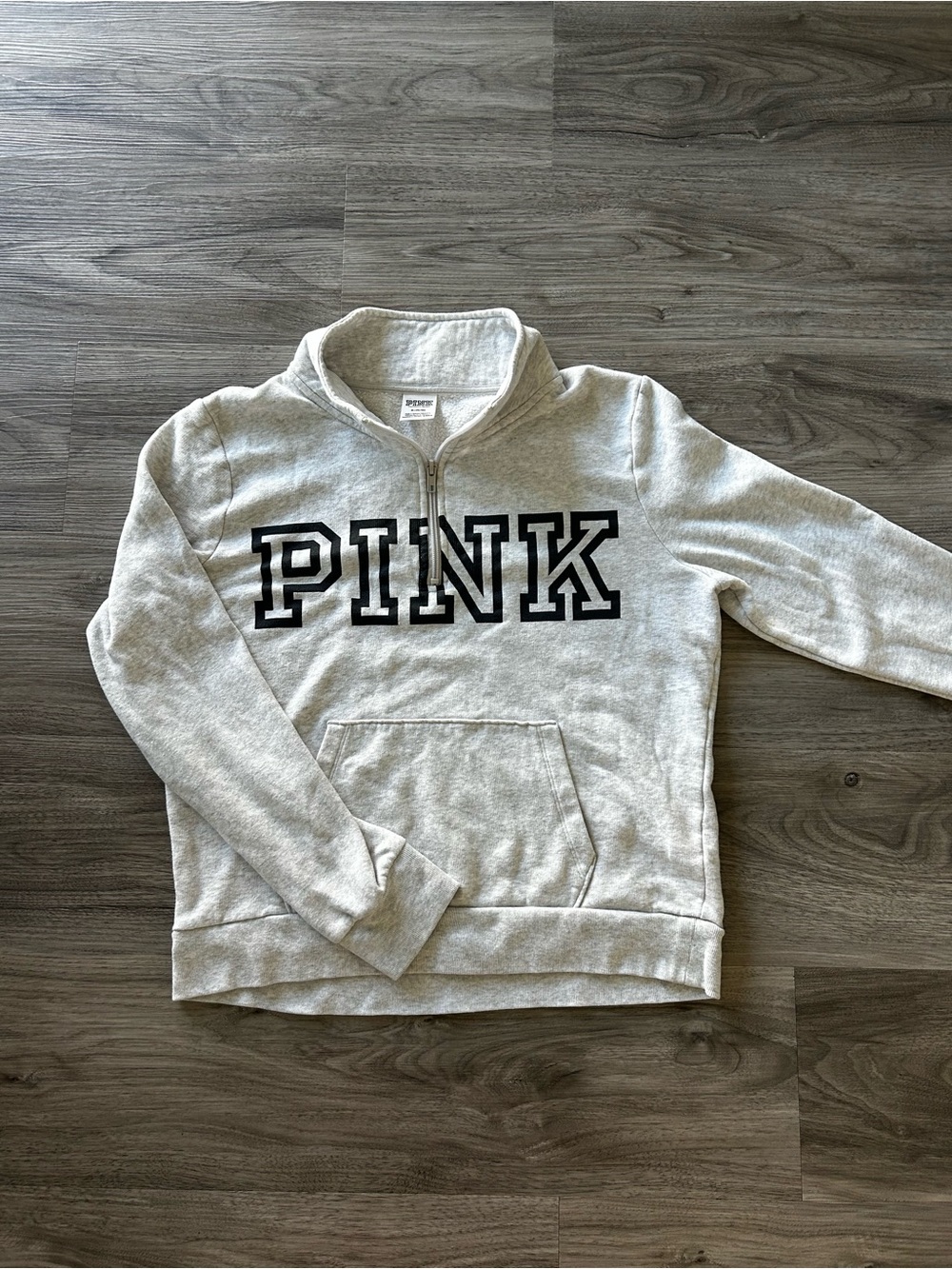 PINK Victoria's Secret Light Gray Half-Zip Pullover with Black Logo